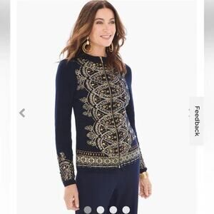 Chico’s Demitria Cardigan Navy Gold Beaded Embroidered Zip Jacket Sz 1